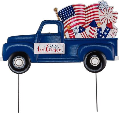 Glitzhome 23.75" H Metal Truck Patriotic Garden Yard Signs with Stake, 4th of July Welcome American Holiday Wall Outdoor Backyard Party Patriot's Day Decon