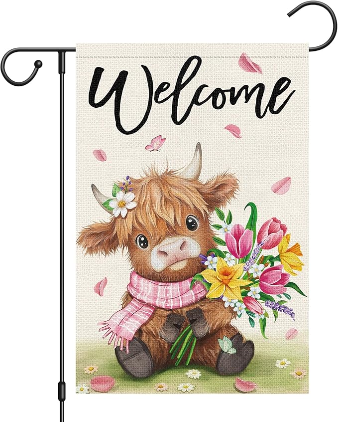Heyfibro Welcome Spring Summer Highland Cow Garden Flag 12x18 Double Sided Burlap, Flower Bouquet Butterfly Yard Banner for Holiday Farmhouse Yard Outdoor Decor(ONLY FLAG)