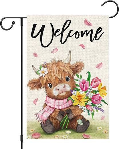 Heyfibro Welcome Spring Summer Highland Cow Garden Flag 12x18 Double Sided Burlap, Flower Bouquet Butterfly Yard Banner for Holiday Farmhouse Yard Outdoor Decor(ONLY FLAG)