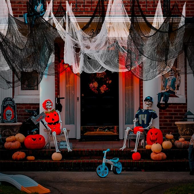6 Pcs Halloween Decorations Creepy Cloth Indoor Outdoor, Scary Gauze Halloween Party Decoration, Spooky Home Decor Supply for Table Tree Garden Doorway Haunted House Yard Skeleton(Black+White,30x72)