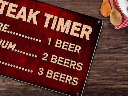 Funny Beer Sign Steak Timer - Metal BBQ Rules Sign, Outdoor Tin Signs for Patio, Kitchen, Pub, Man cave, Tiki Bar Decor 12x8 Inch Aluminum