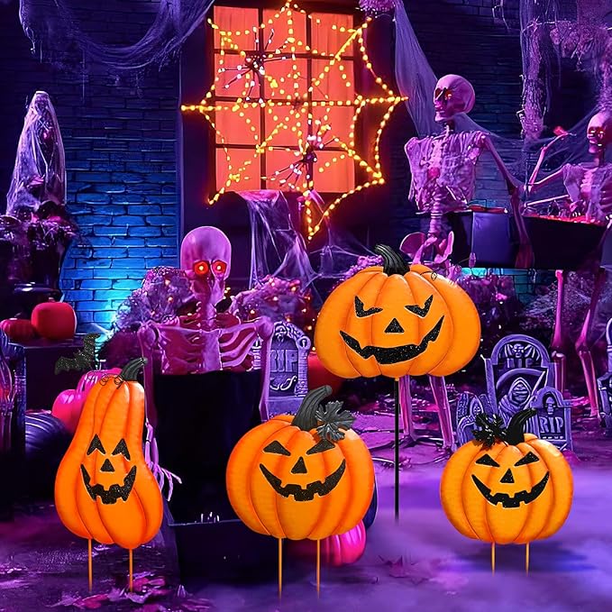 2 Pack Halloween/Thanksgiving Garden Stakes, Outdoor Party Décor Stacked Metal Pumpkins Jack-o-Lantern Lawn Decor, Yard Signs Stake Outdoor Decorative Pumpkin Home Lawn Pathway Driveway Decorations