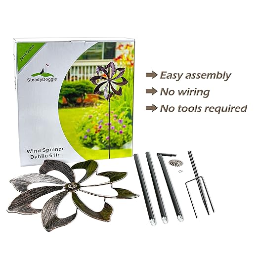 Wind Spinner Dahlia 61in Single Blade Easy Spinning Kinetic Wind Spinner for Outside – Vertical Metal Sculpture Stake Construction for Outdoor Yard Lawn & Garden