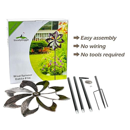 Wind Spinner Dahlia 61in Single Blade Easy Spinning Kinetic Wind Spinner for Outside – Vertical Metal Sculpture Stake Construction for Outdoor Yard Lawn & Garden