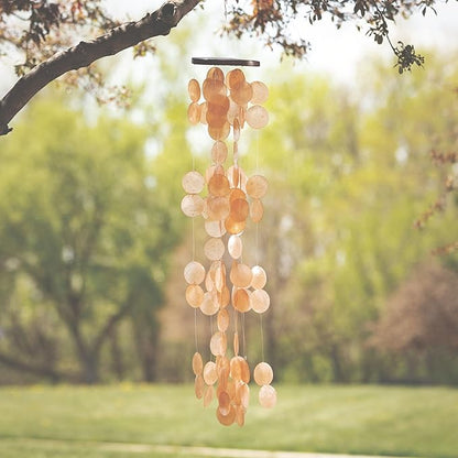 Woodstock Chimes Capiz Waterfall Wind Chime, 40" Summer Marigold Capiz Round Sea Shell, Handcrafted Ocean Theme Windchime for Outdoor, Patio or Garden Décor (CWSM)