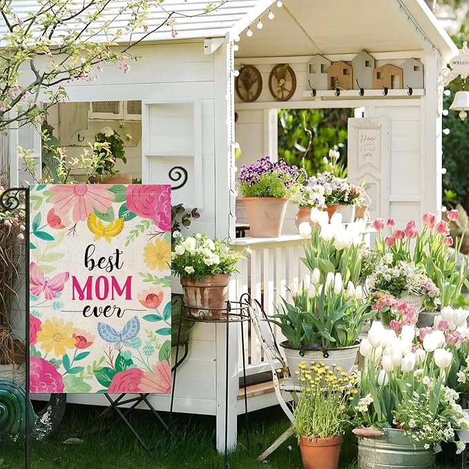 Mother's Day Garden Flags for Outside, Best MON Ever Floral Yard Decoration, Small Gift for Mom Grandmom, Seasonal Outdoor Decor for Farmhouse Summer Holiday,12x18 Inch Double Sided