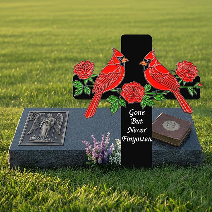 Red Cardinal Memorial Cross Stake - Metal Grave Decorations for Cemetery - Sturdy Thickened Black Cross with 3 Red Roses, Religious Sympathy Gift for Loss of Loved One(Red Cardinal)