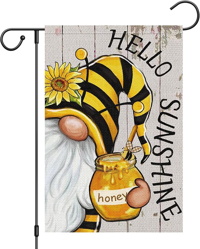 Heyfibro Hello Sunshine Summer Gnome Garden Flag 12x18 Double Sided Burlap Spring Sunflower Small Yard Banner for Rustic Seasonal Outside Outdoor House Decoration (ONLY FLAG)