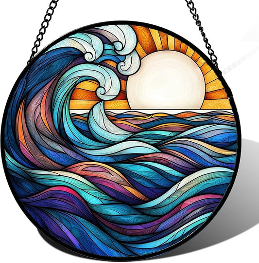 DASTOLL Stained Glass Window Hanging, Big Wave Sun Suncatcher Diamond Glass Panel Hangings Abstract Sun Catchers Decor for Birthday for Women, Men, Wife, Aunt, and Mom 14.9x14.9 in