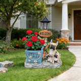 20" Solar Bulldog Family Garden Statue with Welcome Sign & Planter - Large Dog Sculpture with LED Street Lantern - Weatherproof Resin Decorative Flower Pot for Porch, Yard & Patio - Pet Lover Gift