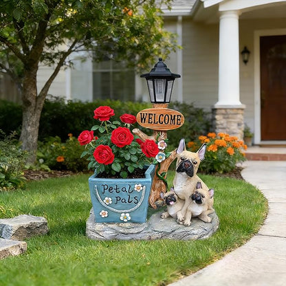 20" Solar Bulldog Family Garden Statue with Welcome Sign & Planter - Large Dog Sculpture with LED Street Lantern - Weatherproof Resin Decorative Flower Pot for Porch, Yard & Patio - Pet Lover Gift