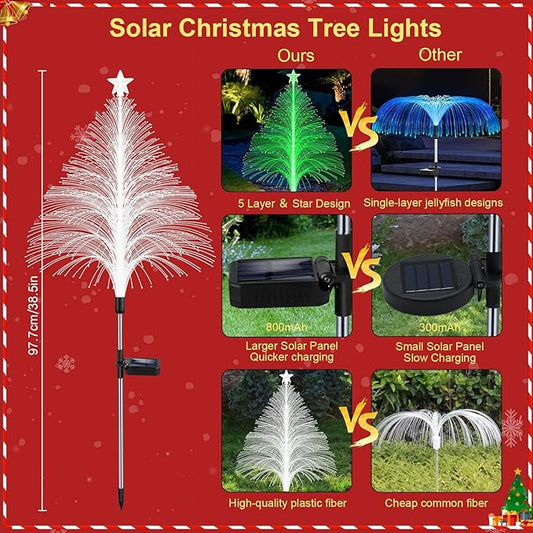 MRHEPHAESTUS Solar Christmas Decorations, 2 Pack 38.5 Inch 7 Color Changing Jellyfish Lights with 5 Layer Optical Fiber Solar Flower Lights for Outdoor Xmas Yard Garden Pathway Decor
