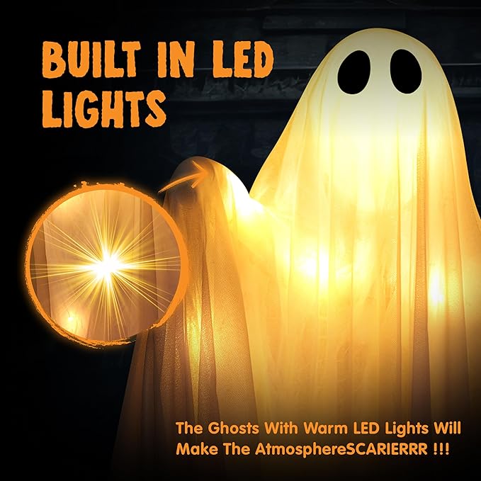 JOYIN 2 Pcs 47” Halloween Light up Hanging Ghost Decoration Outdoor, Halloween Flying Hanging Ghosts with Warm LED Light for Haunted House Prop, Front Yard Patio Party Decor Indoor Outdoor