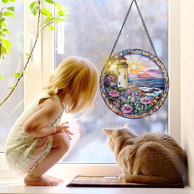 Bimkole Lighthouse Stained Glass Suncatcher Window Hanging - Flower Scenery Indoor Window or Doorway Decoration - Handmade Sun Catcher Decor for Garden Home Christmas & Birthday Gifts 7.87x7.87 inch