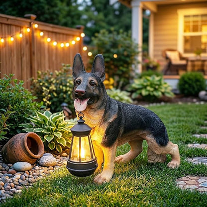 German Shepherd Garden Statue with Solar Lantern, Lifelike Dog Outdoor Decor with Interchangeable Welcome & On Patrol Sign, Waterproof Resin Animal Figurine for Porch, Yard, Patio, Dog Lover Gift