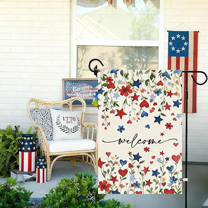 Baccessor Patriotic 4th of July Garden Flag 12.5 x 18 Inch Double Sided Burlap,Memorial Day Welcome American Red and Blue Flower Flag Summer Yard Lawn Holiday Seasonal Outdoor Outside Decoration