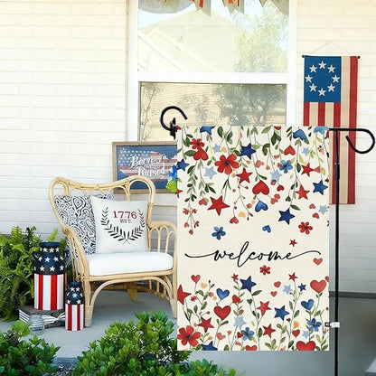 Baccessor Patriotic 4th of July Garden Flag 12.5 x 18 Inch Double Sided Burlap,Memorial Day Welcome American Red and Blue Flower Flag Summer Yard Lawn Holiday Seasonal Outdoor Outside Decoration