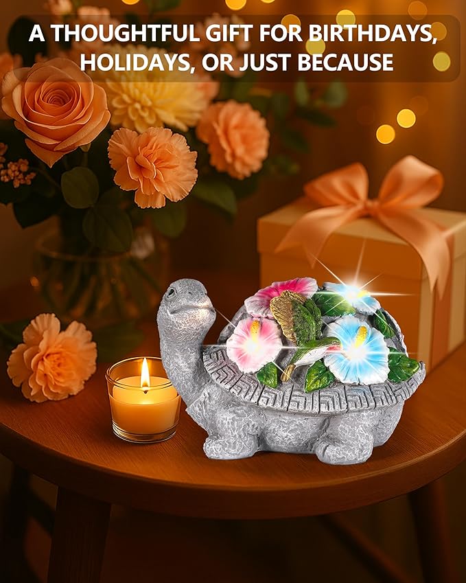 GoGnome Solar Turtle Figurine Lights with Hummingbird Flower 5.5-inch – Garden Statue for Outdoor Yard Decorations, Lawn Ornaments, Balcony Decor – Ideal Gift for All Occasions (Turtle)