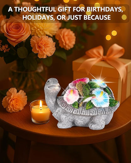 GoGnome Solar Turtle Figurine Lights with Hummingbird Flower 5.5-inch – Garden Statue for Outdoor Yard Decorations, Lawn Ornaments, Balcony Decor – Ideal Gift for All Occasions (Turtle)