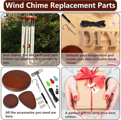 Wind Chime Replacement Parts, 28 PCS Windchime Repair Kit Including Round Top, Clapper, Wind Catcher, 19.6FT Nylon Cord, DIY Wind Chime Supplies (Dark Brown)