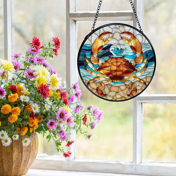 Crab Decor, Beach Coastal Crab Suncatchers Stained Glass Window Hanging, Coastal Ocean Sun Catchers Indoor Window Glass Round Wall Decor, Beachy Wall Hanging Decorations, 7.9x7.9in