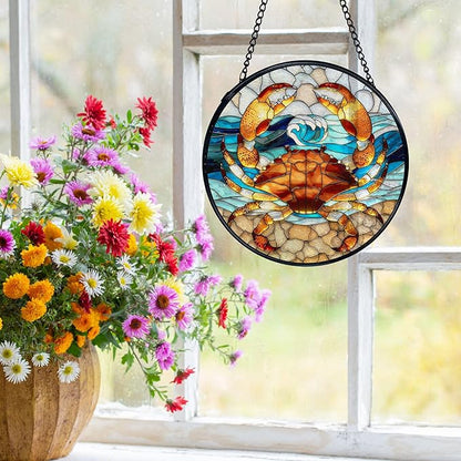 Crab Decor, Beach Coastal Crab Suncatchers Stained Glass Window Hanging, Coastal Ocean Sun Catchers Indoor Window Glass Round Wall Decor, Beachy Wall Hanging Decorations, 7.9x7.9in