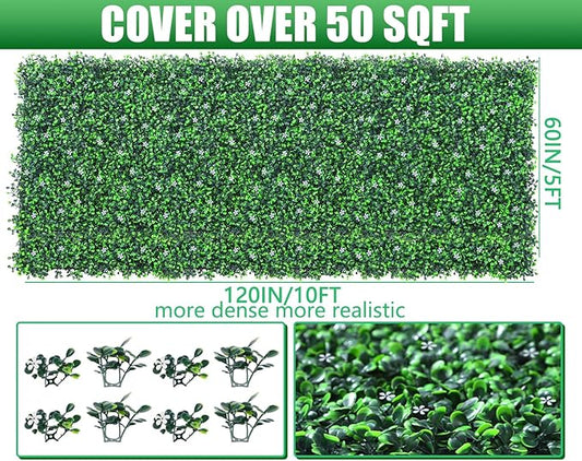 Grooy 60"x 120"(50 sq.ft) Artificial Boxwood Roll Panels with Flowers, UV-Anti Faux Ivy Leaves Privacy Fence Screen, Grass Wall Roll Panels for Indoor Home Decor and Outdoor Garden Backyard
