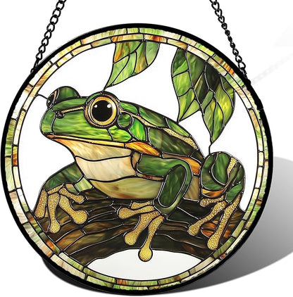 DASTOLL Stained Glass Window Hanging, Frog Green Leaf Sun Catchers Colorful Glass Panel Cool Suncatcher Decor for Birthday for Women, Men, Wife, Aunt, and Mom 14.9x14.9 in
