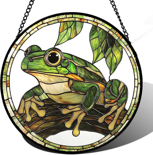 DASTOLL Stained Glass Window Hanging, Frog Green Leaf Sun Catchers Colorful Glass Panel Cool Suncatcher Decor for Birthday for Women, Men, Wife, Aunt, and Mom 14.9x14.9 in