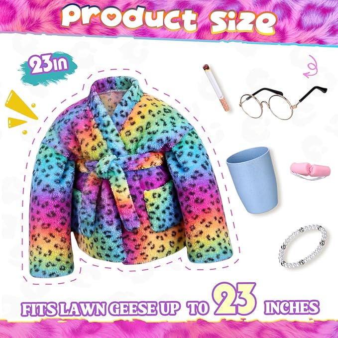 23 Inch Porch Goose Statue Outfits Set Neon Rainbow Leopard Porch Goose Bathrobe Costumes with Clothes & Accessories for Patio Yard Garden Lawn Outdoor Decoration