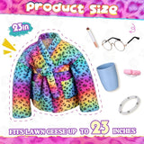 23 Inch Porch Goose Statue Outfits Set Neon Rainbow Leopard Porch Goose Bathrobe Costumes with Clothes & Accessories for Patio Yard Garden Lawn Outdoor Decoration
