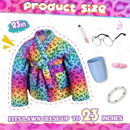23 Inch Porch Goose Statue Outfits Set Neon Rainbow Leopard Porch Goose Bathrobe Costumes with Clothes & Accessories for Patio Yard Garden Lawn Outdoor Decoration