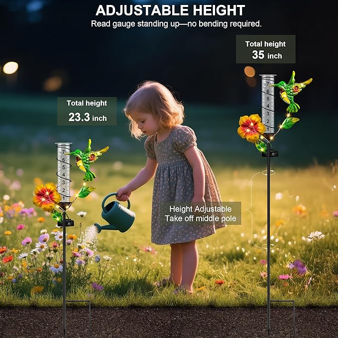 Rain Gauge Outdoor - Hummingbird Decorative Rain Gauges with LED Solar Lights, Freeze Proof Height Adjustable, Metal Water Gauge for for Yard Garden Decor