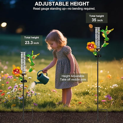 Rain Gauge Outdoor - Hummingbird Decorative Rain Gauges with LED Solar Lights, Freeze Proof Height Adjustable, Metal Water Gauge for for Yard Garden Decor
