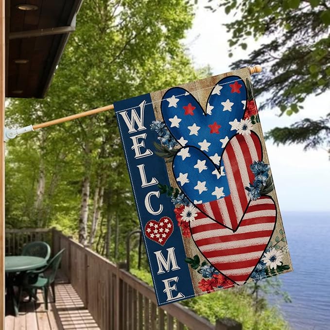 AVOIN colorlife Patriotic 4th of July Welcome House Flag 28x40 Inch Double Sided, Memorial Day American Stars and Stripes Love Heart Yard Outdoor Decoration