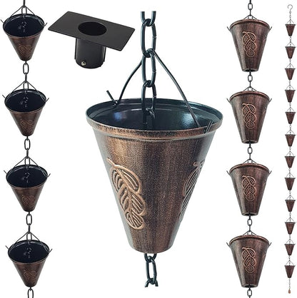8.5FT Cone Iron Rain Chains for Gutter and Rain Barrel, Rust-Resistant Plated Garden Décor Rain Chain for Downspout, Bonus Rain Chain Gutter Adapter (Bronze)
