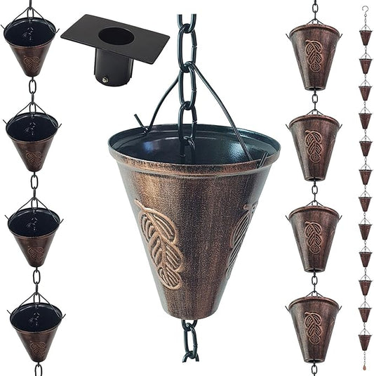 8.5FT Cone Iron Rain Chains for Gutter and Rain Barrel, Rust-Resistant Plated Garden Décor Rain Chain for Downspout, Bonus Rain Chain Gutter Adapter (Bronze)