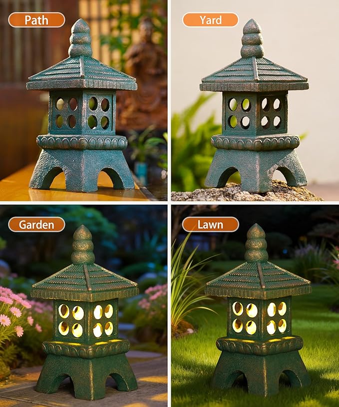 Nacome Solar Pagoda Garden Statues:15.7 inches Outdoor Waterproof Resin Zen Decor for Landscape Balcony Patio Porch Yard Ornament(Bronze)