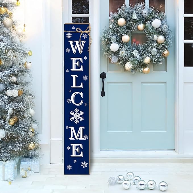 Christmas Porch Sign Xmas Snowflake Welcome Sign Vertical Standing Sign For Front Porch Decor Farmhouse Wall Hanging for Patio Yard Party Indoor Outdoor Winter Holiday Decoration 47.2"H Blue