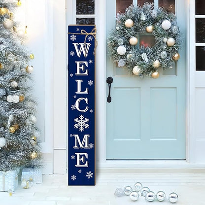 Christmas Porch Sign Xmas Snowflake Welcome Sign Vertical Standing Sign For Front Porch Decor Farmhouse Wall Hanging for Patio Yard Party Indoor Outdoor Winter Holiday Decoration 47.2"H Blue