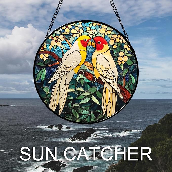 CHATYOUNG Stained Glass Window Hanging 2 Parrots Yellow Flowers 7.8" - Suncatcher Door Garden Sunroom Bird Sun Catcher Home Decor Mother's Day Birthday Christmas for Mom Men Woman Nana