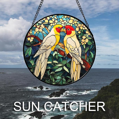 CHATYOUNG Stained Glass Window Hanging 2 Parrots Yellow Flowers Large 15" - Suncatcher Door Garden Sunroom Bird Sun Catcher Home Decor Mother's Day Birthday Christmas for Mom Men Woman Nana