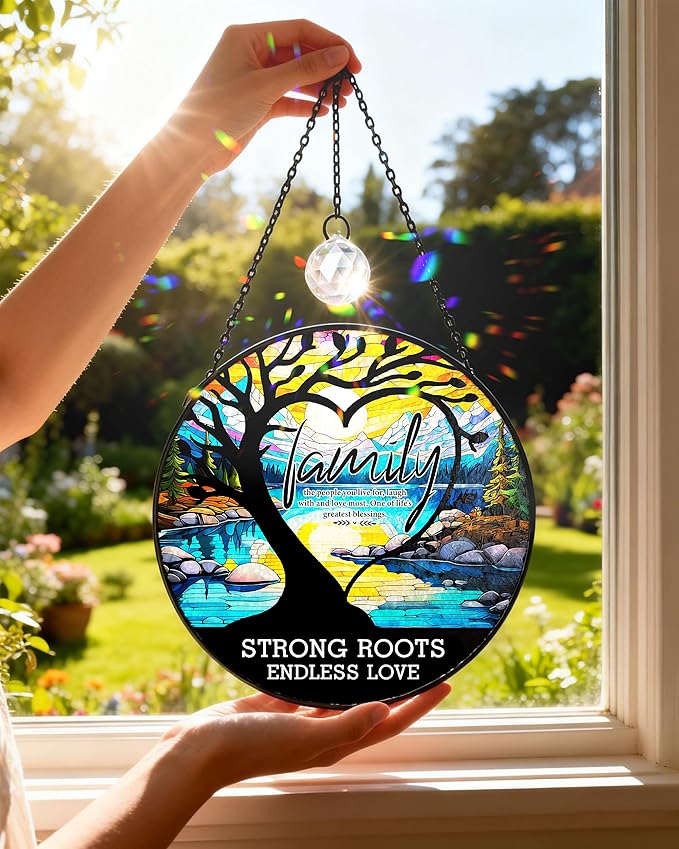 Tree of Life Stained Glass Suncatcher,Heart Shape Tree of Life Window Hanging Decor,Handmade Glass Sun Catcher with Crystal Prism, for Mom Housewarming Birthday Home Decor(7.8 in)
