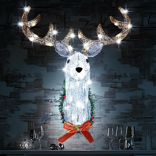 Hourleey Lighted Christmas Wall Decoration Reindeer Head, 32" 3D Battery Operated Rudolph Hanging Wreath with 8 Modes, Light Up Christmas Decor for Outdoor Indoor Front Door Window Xmas