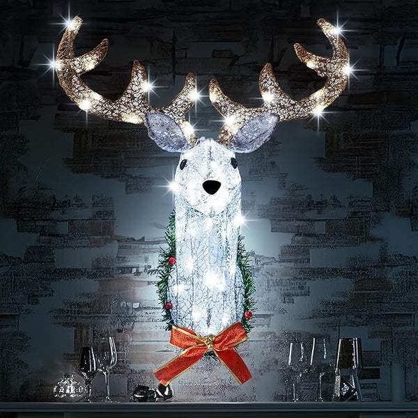 Hourleey Lighted Christmas Wall Decoration Reindeer Head, 32" 3D Battery Operated Rudolph Hanging Wreath with 8 Modes, Light Up Christmas Decor for Outdoor Indoor Front Door Window Xmas