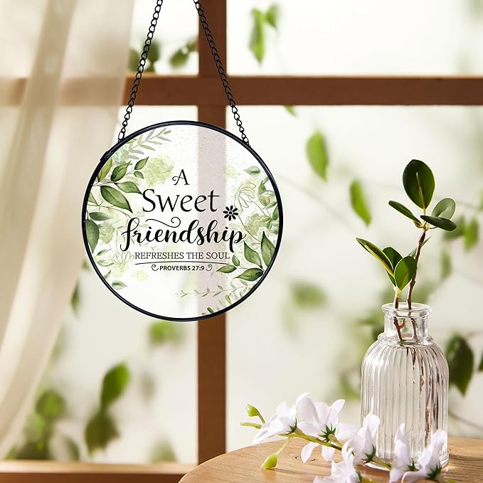 Friendship Gifts, Christian Suncatchers Stained Glass Window Hanging, Friendship Gifts for Women, a Sweet Friendship Refreshes Sun Catchers Indoor Window Glass Round Wall Decor, 7.9x7.9in