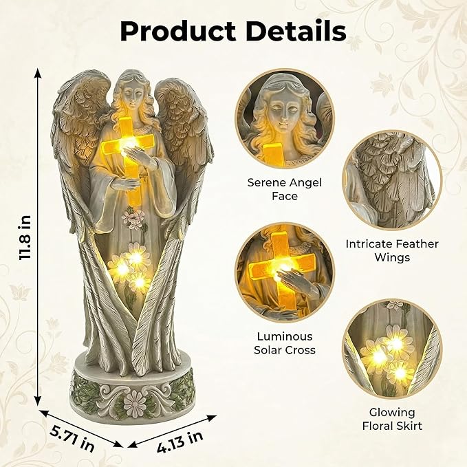 COWOS Angel Statue for Garden, Solar Angel Statue for Cemetery Decorations, Praying Angel Cross Memorial Statue, Memorial Garden Figurine Gift