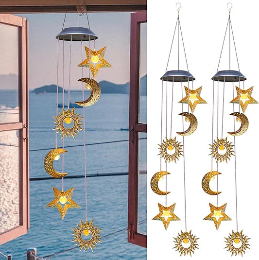 2 Pack Solar Wind Chimes for Outside Lights Sun Moon Star Outdoor Hanging Decor Warm Lights Prefert Gifts for Mom Wife Outdoor Windchimes for Garden Yard Patio Christmas Birthday Mothers Day