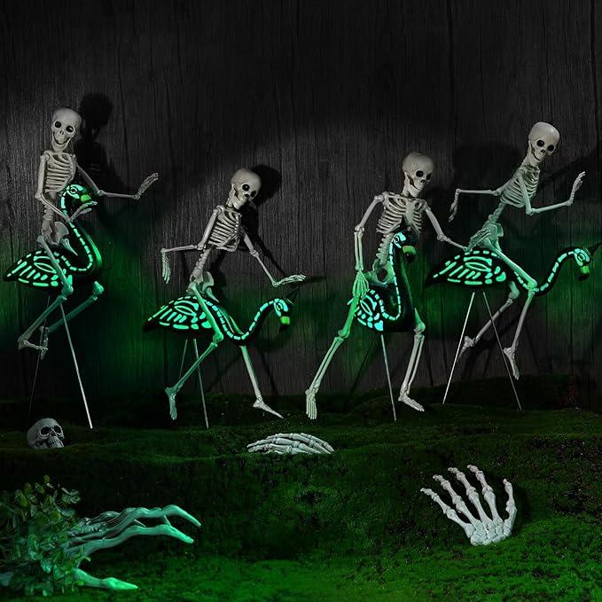 Simgoing 8 Pcs Halloween Skeleton Flamingo Decoration Outdoor Yard Ornament 15.7" Plastic Skeleton Decor with Posable Legs Flamingo Statue Decor for Yard Garden Lawn(Fluorescent,S,Stylish)