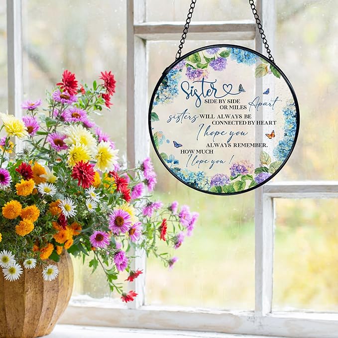 Sisters Gifts, Sister Flower Suncatchers Stained Glass Window Hanging, Sisters Gifts for Christmas Sun Catchers Indoor Window Glass Round Wall Decor, 7.9x7.9in